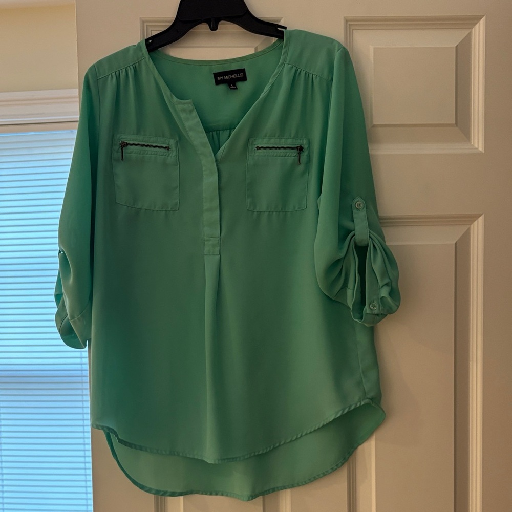 My Michelle Mint Green Blouse with Roll-Up Sleeves